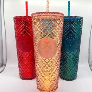 NEW! 2021 Starbucks Holiday Jeweled Cold Cup Tumblers - Peach, Green, and Red